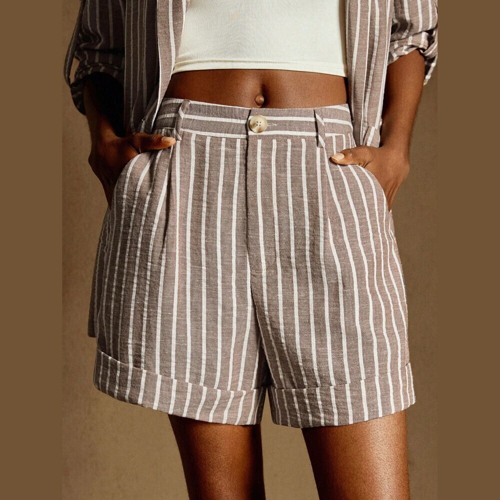 Taupe Brown Striped High Waisted Cuffed Pleated Bermuda Shorts